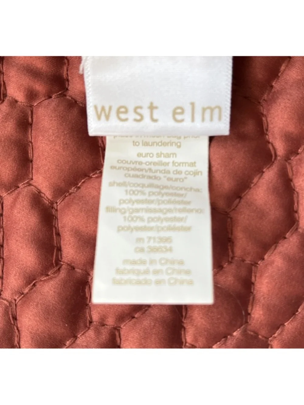 West Elm Quilted Euro Sham in Terracotta 27”x27”